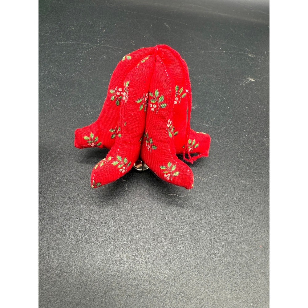 Vintage Fabric Christmas Bell Ornament‎ Quilted Red Holly Print Folk Art 1980s